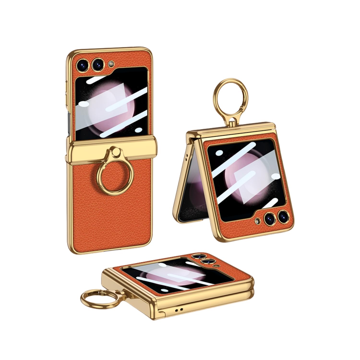 BAILI Galaxy Z Flip5 Case with Ring,Galaxy Z Flip5 Case with Magnetic Hinge,Z Flip5 Case with Leather,Military Grade Drop Protective Flip 5 Case with Electroplated Frame-Orange