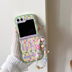 GO-VOLMON Curly Wave Frame Case for Samsung Galaxy Z Flip 5 Checker and Flower Print, Cute Woman Case for Galaxy Z Flip 5 Kawaii Beads Strap, Soft Floral Girly Case for Z Flip 5 Lovely and Fashion