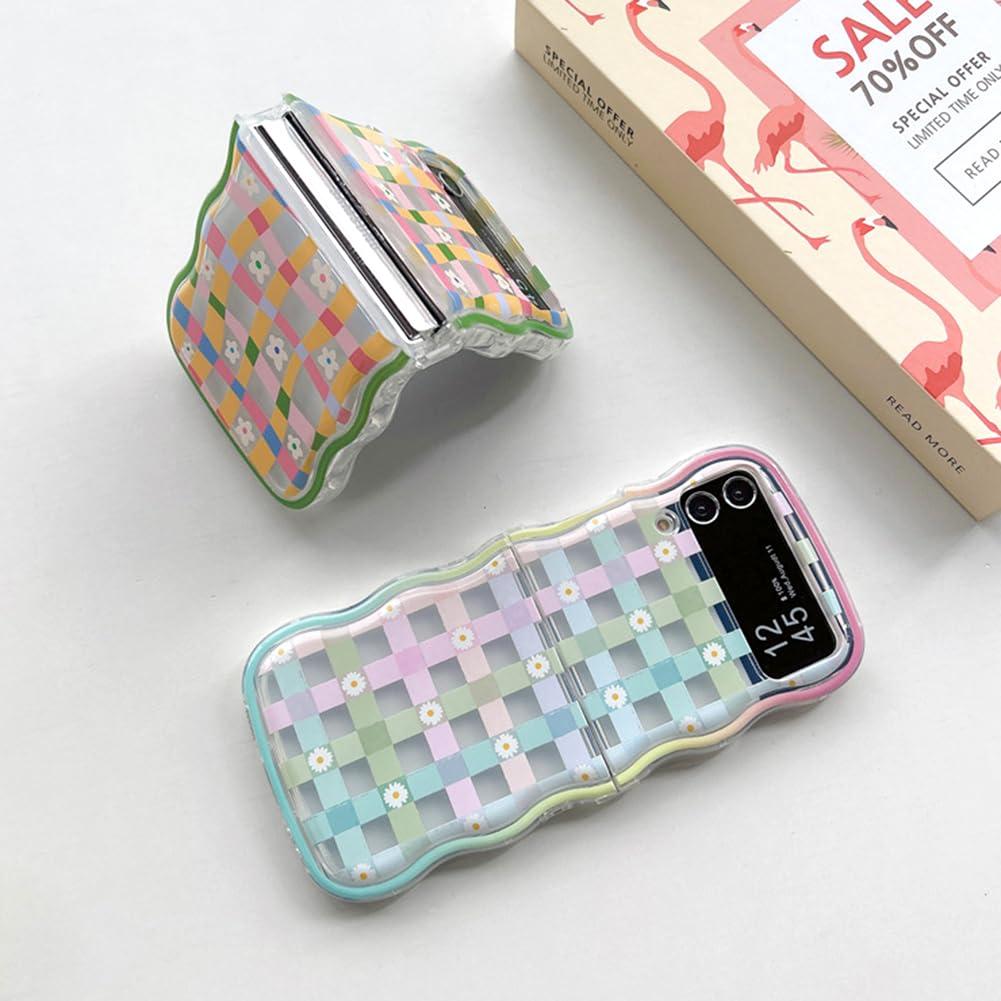 GO-VOLMON Curly Wave Frame Case for Samsung Galaxy Z Flip 5 Checker and Flower Print, Cute Woman Case for Galaxy Z Flip 5 Kawaii Beads Strap, Soft Floral Girly Case for Z Flip 5 Lovely and Fashion