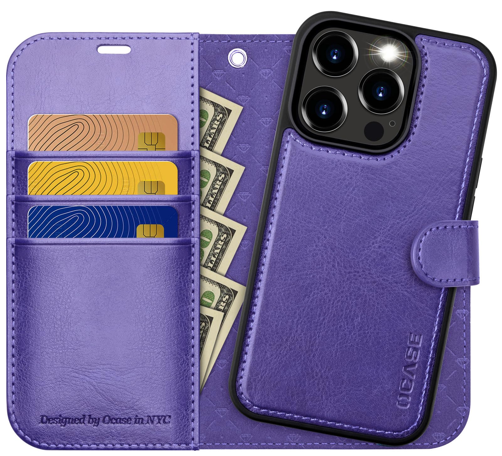 OCASE for iPhone 15 Pro Detachable Wallet Case with Card Holder, [2 in 1] PU Leather Flip Folio Case with RFID Blocking Magnetic Stand Removable Shockproof Phone Cover 6.1 Inch, Purple