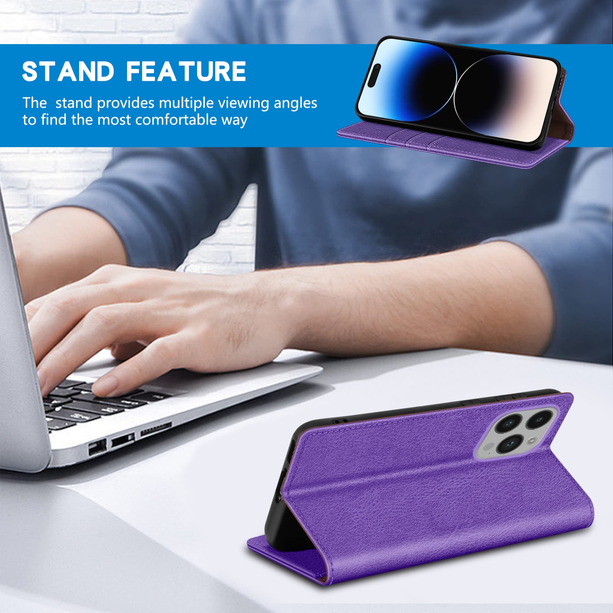 ZZXX for iPhone 14 Pro Wallet Case with [RFID Blocking] Card Slot Stand Strong Magnetic Leather Flip Fold Protective Phone Case for iPhone 14 Pro Case Wallet(Purple-6.1 inch)