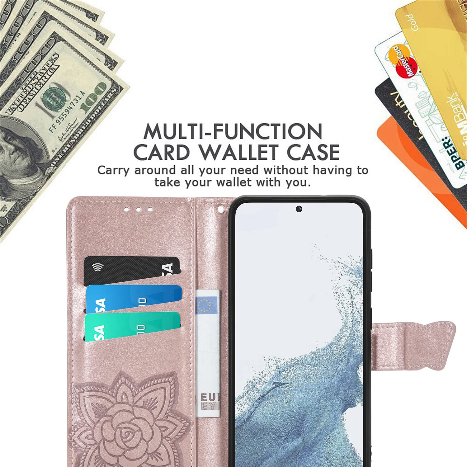 DiGPlus Galaxy S23 5G Wallet Case, [Butterfly & Flower Embossed] PU Leather Wallet Case Flip Protective Phone Cover with Card Slots and Kickstand for Samsung Galaxy S23 6.1-Inch (RoseGold)