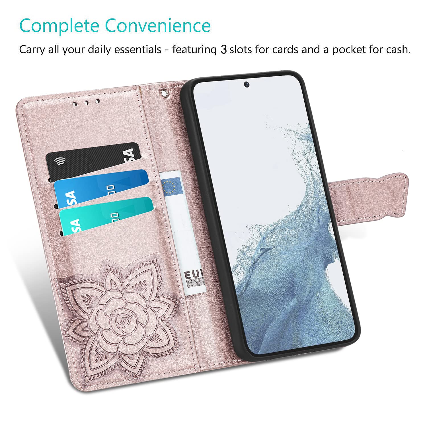 DiGPlus Galaxy S23 5G Wallet Case, [Butterfly & Flower Embossed] PU Leather Wallet Case Flip Protective Phone Cover with Card Slots and Kickstand for Samsung Galaxy S23 6.1-Inch (RoseGold)