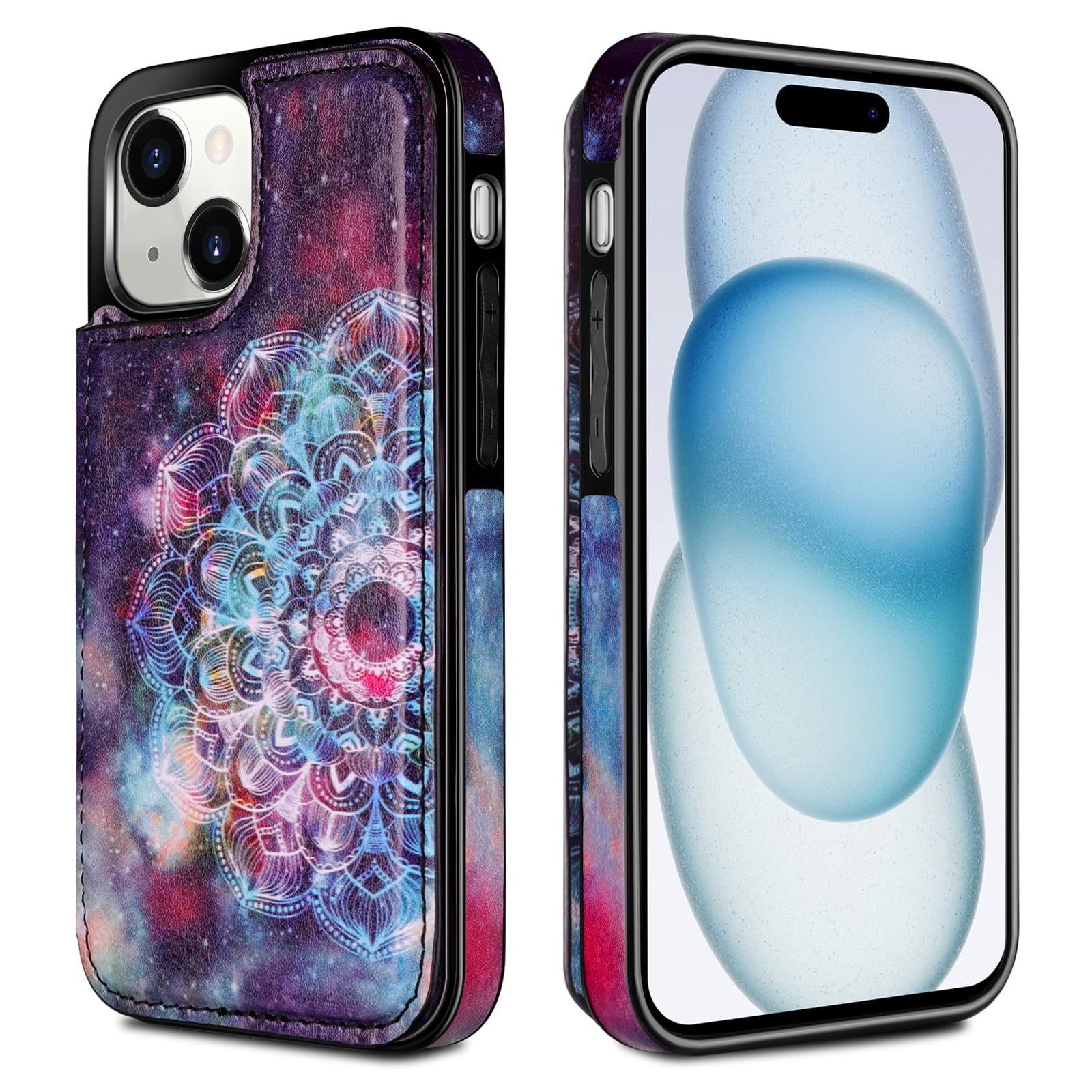 HianDier Compatible with iPhone 15 Case with Card Holder Wallet Case for Women Men Flip PU Leather Kickstand Protective Case Magnetic Closure Shockproof Case Cover for iPhone 15 Phone Case, Mandala