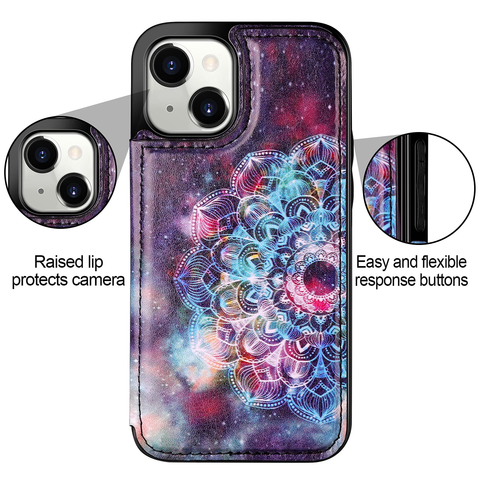 HianDier Compatible with iPhone 15 Case with Card Holder Wallet Case for Women Men Flip PU Leather Kickstand Protective Case Magnetic Closure Shockproof Case Cover for iPhone 15 Phone Case, Mandala