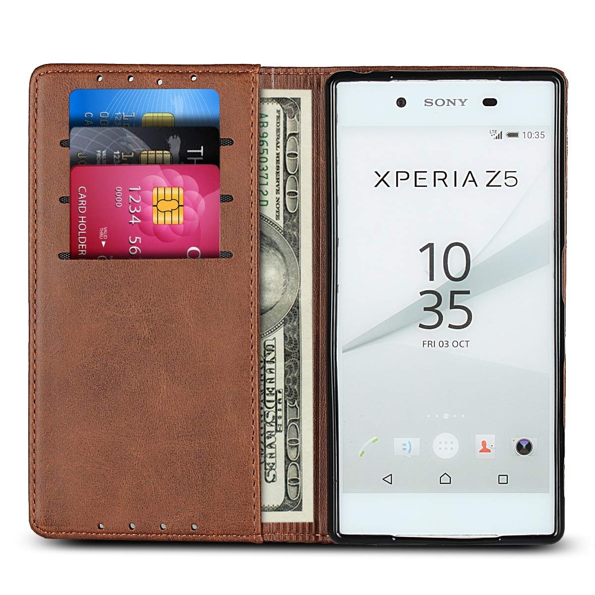 Smartphone Flip Cases Leather Wallet Case for Sony Xperia Z5, Premium Vegan Leather Case [Shockproof TPU Inner Shell] Slim Shockproof Protective Phone Case Compatible with Sony Xperia Z5 Flip Cases (