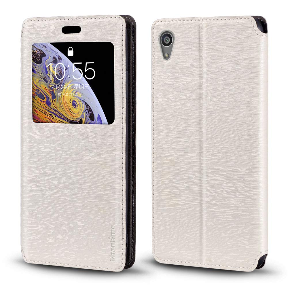 Shantime Sony Xperia Z5 Premium Case, Wood Grain Leather Case with Card Holder and Window, Magnetic Flip Cover for Sony Xperia Z5 Premium White