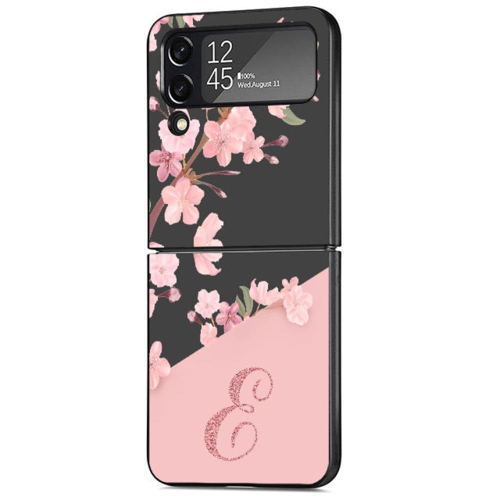 Flower Letter Pink A B C Initial Case for Samsung Galaxy Z Flip 3 4 5G Black Hard PC Phone Housing,Z5,for Z Flip4 5G