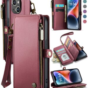 Defencase for iPhone 14 Case, RFID Blocking for iPhone 14 Wallet Case for Women Men with Credit Card Holder Slots Zipper Book Flip PU Leather Protective Cover for iPhone 14 Phone Case, Wine Red