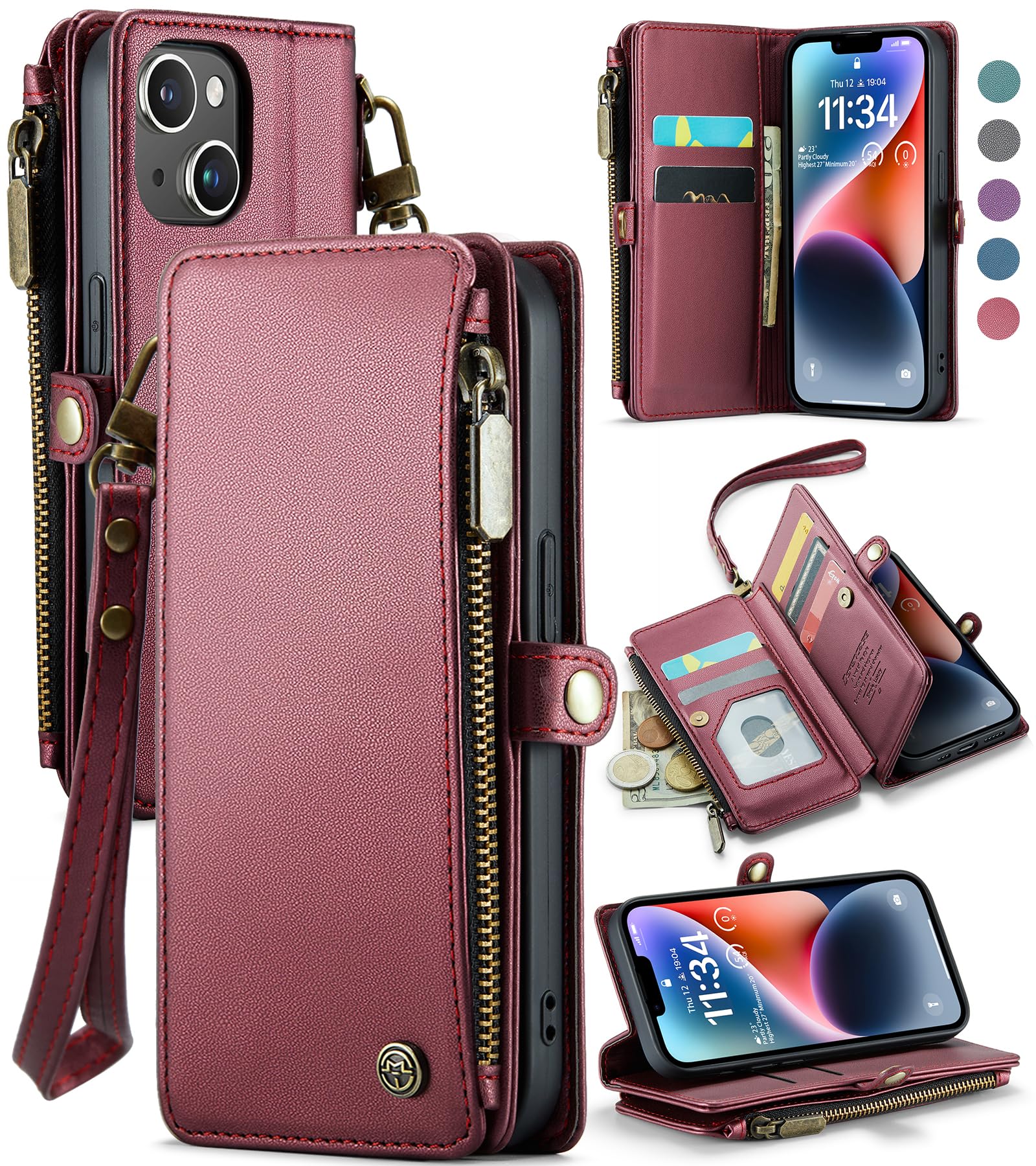 Defencase for iPhone 14 Case, RFID Blocking for iPhone 14 Wallet Case for Women Men with Credit Card Holder Slots Zipper Book Flip PU Leather Protective Cover for iPhone 14 Phone Case, Wine Red