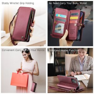 Defencase for iPhone 14 Case, RFID Blocking for iPhone 14 Wallet Case for Women Men with Credit Card Holder Slots Zipper Book Flip PU Leather Protective Cover for iPhone 14 Phone Case, Wine Red