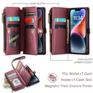 Defencase for iPhone 14 Case, RFID Blocking for iPhone 14 Wallet Case for Women Men with Credit Card Holder Slots Zipper Book Flip PU Leather Protective Cover for iPhone 14 Phone Case, Wine Red