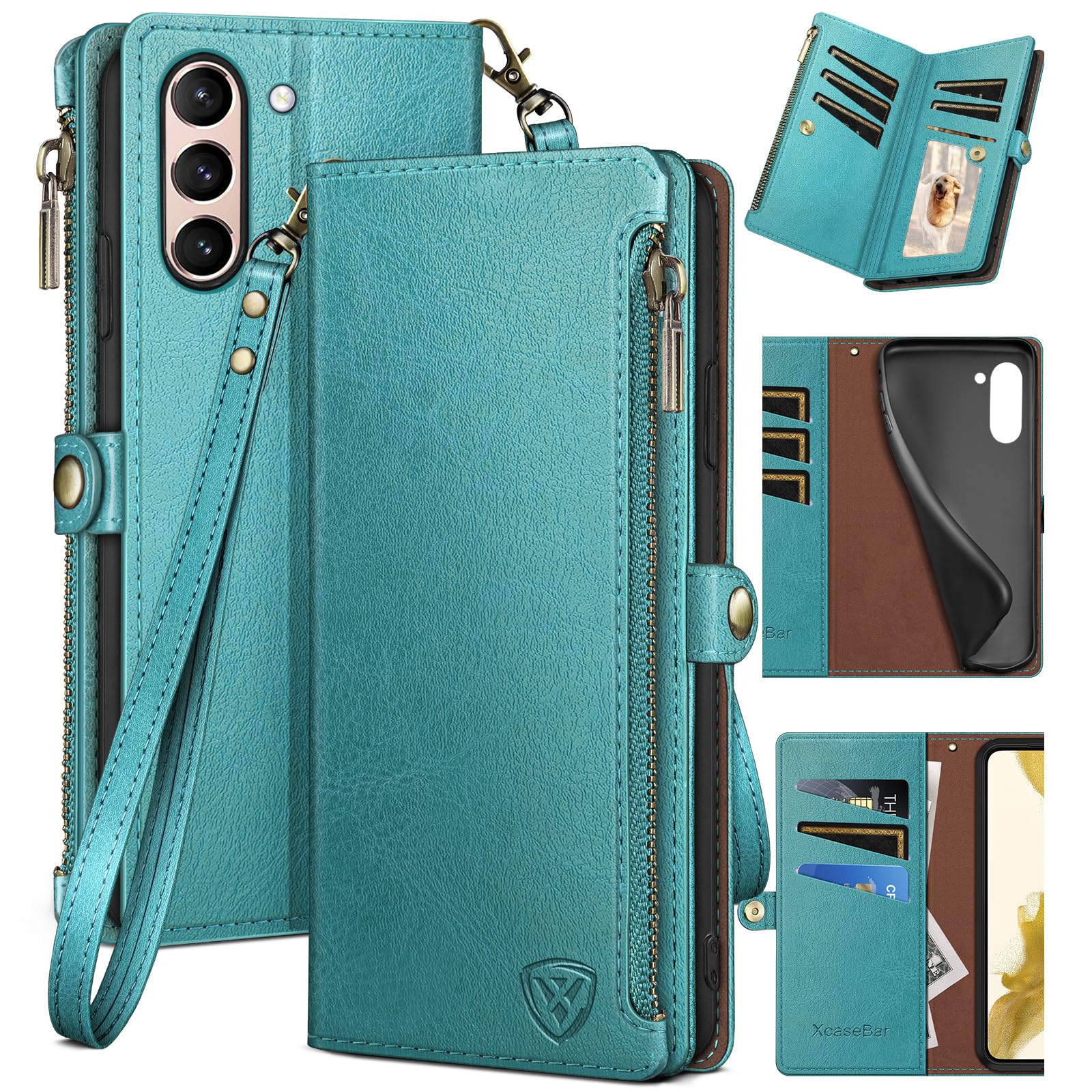 XcaseBar for Samsung Galaxy S21 FE Wallet case with Zipper Credit Card Holder【RFID Blocking】, Flip Folio Book PU Leather Phone case Shockproof Cover Women Men for Samsung S21FE case Blue Green