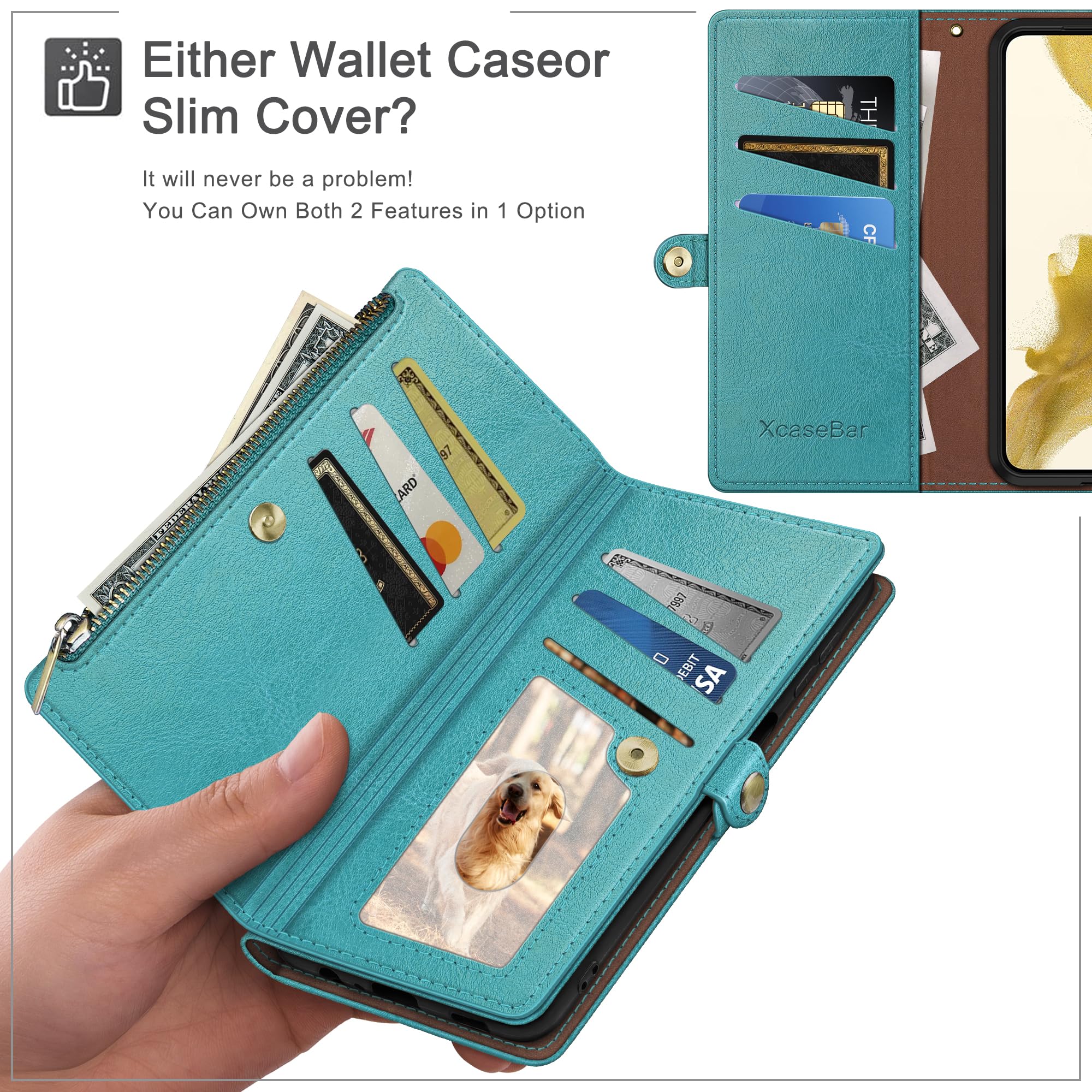 XcaseBar for Samsung Galaxy S21 FE Wallet case with Zipper Credit Card Holder【RFID Blocking】, Flip Folio Book PU Leather Phone case Shockproof Cover Women Men for Samsung S21FE case Blue Green