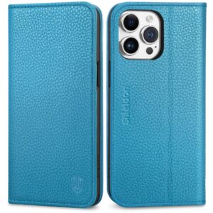 shieldon wallet case for iphone 15 pro max, genuine leather rfid blocking card holder folio magnetic stand shockproof protective cover compatible with iphone 15 pro max 6.7" - litchi grain light blue