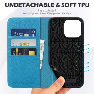 SHIELDON Wallet Case for iPhone 15 Pro Max, Genuine Leather RFID Blocking Card Holder Folio Magnetic Stand Shockproof Protective Cover Compatible with iPhone 15 Pro Max 6.7" - Litchi Grain Light Blue