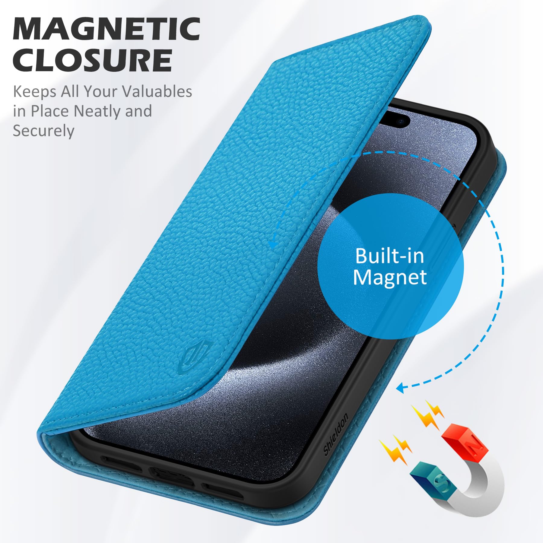 SHIELDON Wallet Case for iPhone 15 Pro Max, Genuine Leather RFID Blocking Card Holder Folio Magnetic Stand Shockproof Protective Cover Compatible with iPhone 15 Pro Max 6.7" - Litchi Grain Light Blue