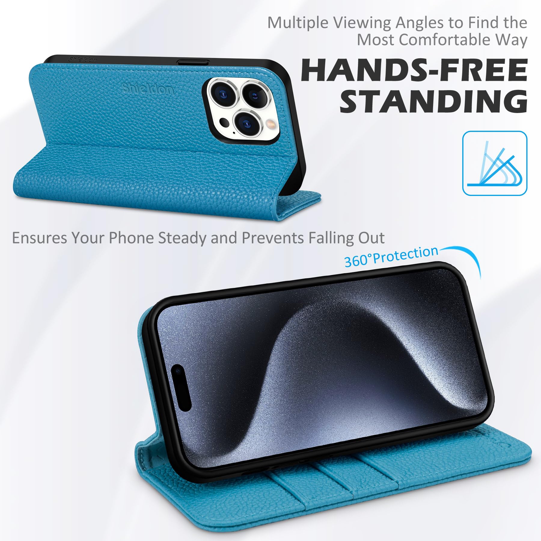 SHIELDON Wallet Case for iPhone 15 Pro Max, Genuine Leather RFID Blocking Card Holder Folio Magnetic Stand Shockproof Protective Cover Compatible with iPhone 15 Pro Max 6.7" - Litchi Grain Light Blue