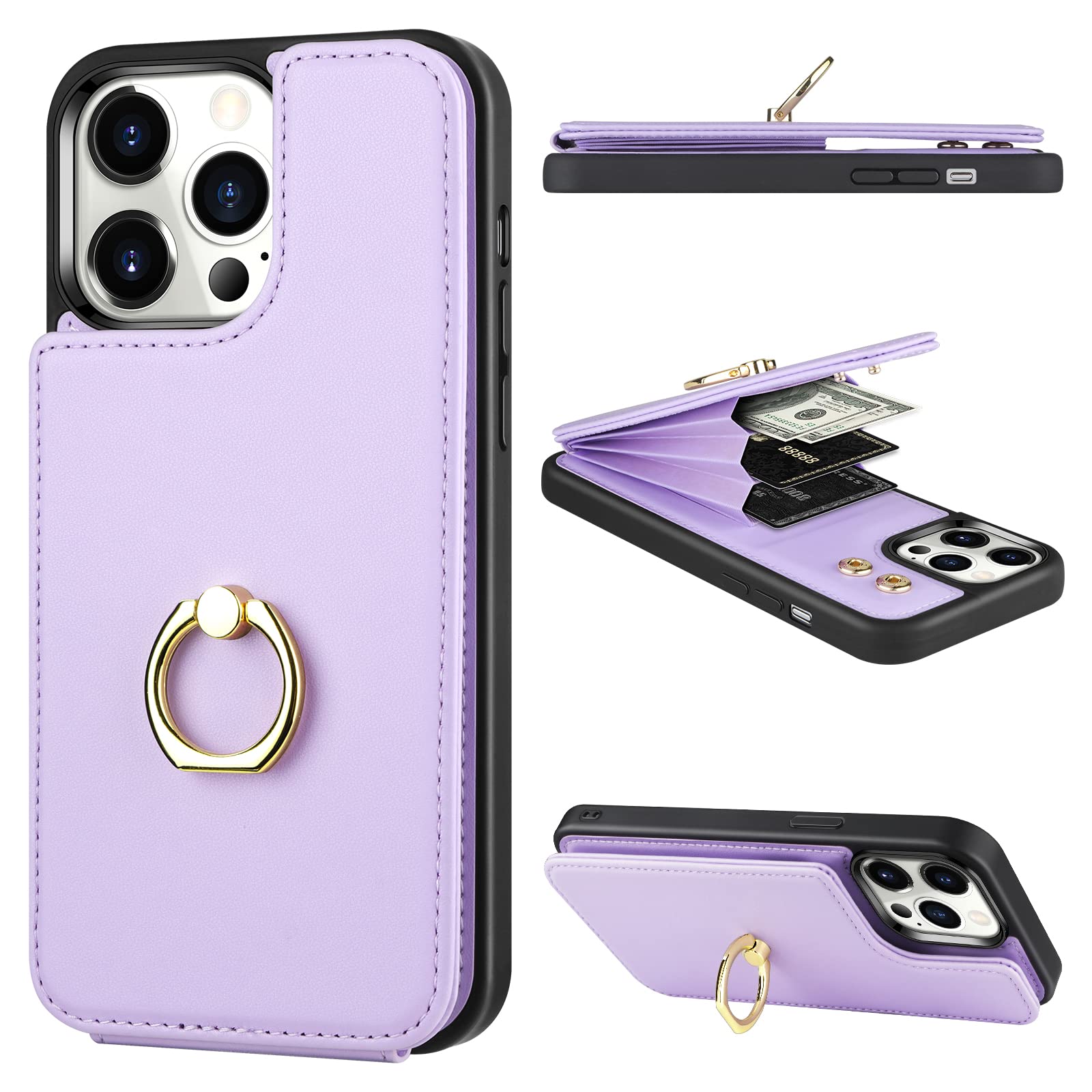 Vofolen for iPhone 13 Pro Max Wallet Cover with Card Holder 360°Rotation Ring Stand Kickstand Women Girls PU Leather Double Buttons Flip Cover RFID Blocking Protective Case 6.7 inch Violet