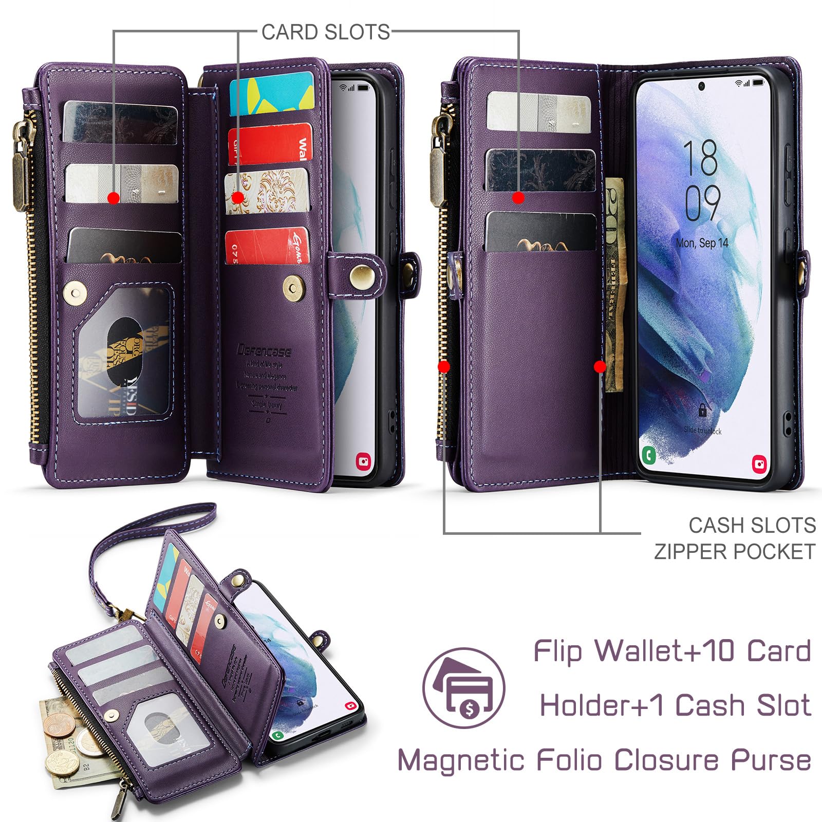 Defencase for Samsung Galaxy S21 Case, RFID Blocking for Galaxy S21 Case Wallet for Women Men with Card Holder, PU Leather Wrist Strap Zipper Pocket Magnetic Flip Phone Case for Samsung S21 5G, Purple