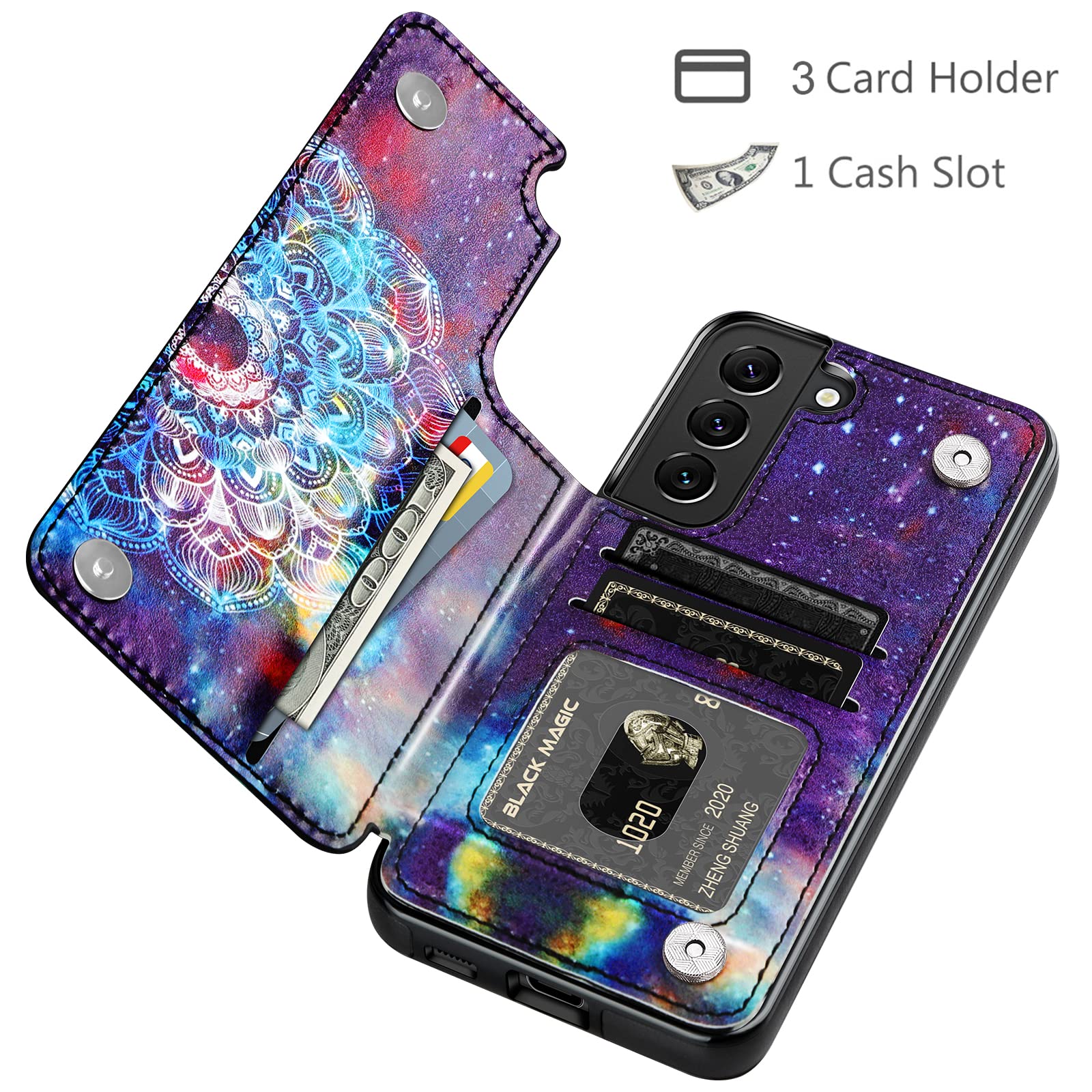 HianDier Compatible with Samsung Galaxy S22 Plus Wallet Case S22+ 5G 6.6 inch (2022) Slim Protective Cases with Credit Card Slot Holder Flip Folio Soft PU Leather Magnetic Closure Cover, Mandala