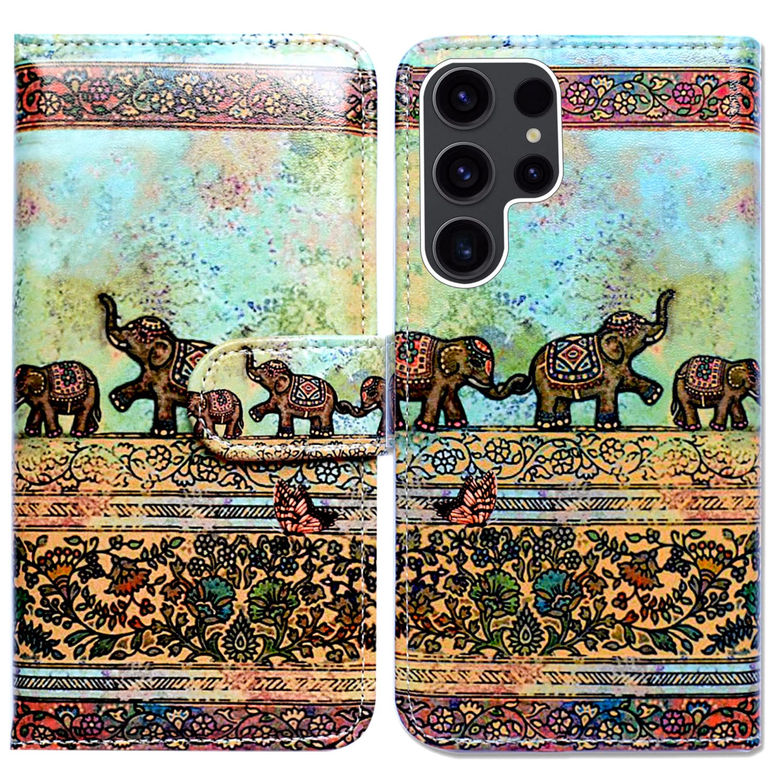 Bcov Galaxy S23 Ultra Case, Tribal Elephants Pattern Leather Flip Phone Case Wallet Cover with Card Slot Holder Kickstand for Samsung Galaxy S23 Ultra