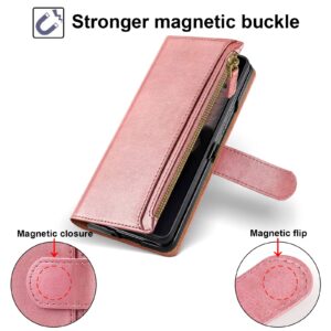 Antsturdy for Samsung Galaxy Z Fold 4 Wallet Case [RFID Blocking] [Zipper Poket] PU Leather Flip Folio Protective Cover with Slots Magnetic Credit Card Holder Kickstand Men Women,Rose Gold