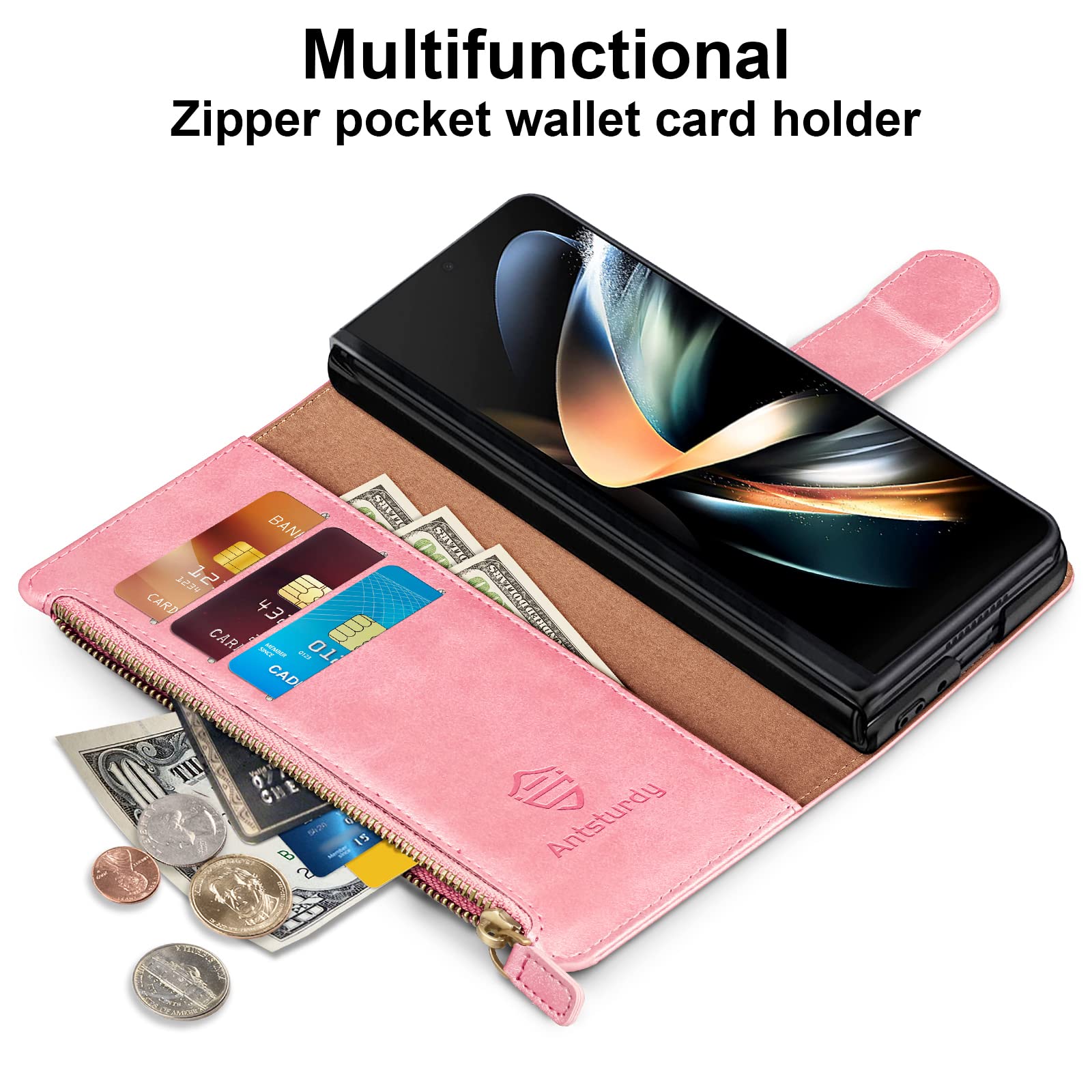 Antsturdy for Samsung Galaxy Z Fold 4 Wallet Case [RFID Blocking] [Zipper Poket] PU Leather Flip Folio Protective Cover with Slots Magnetic Credit Card Holder Kickstand Men Women,Rose Gold