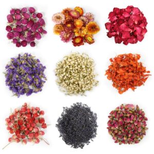 9 bags dried flowers,100% natural dried flowers herbs kit for soap making, diy candle making,bath - include rose petals,lavender,don't forget me,lilium,jasmine,rosebudsand more