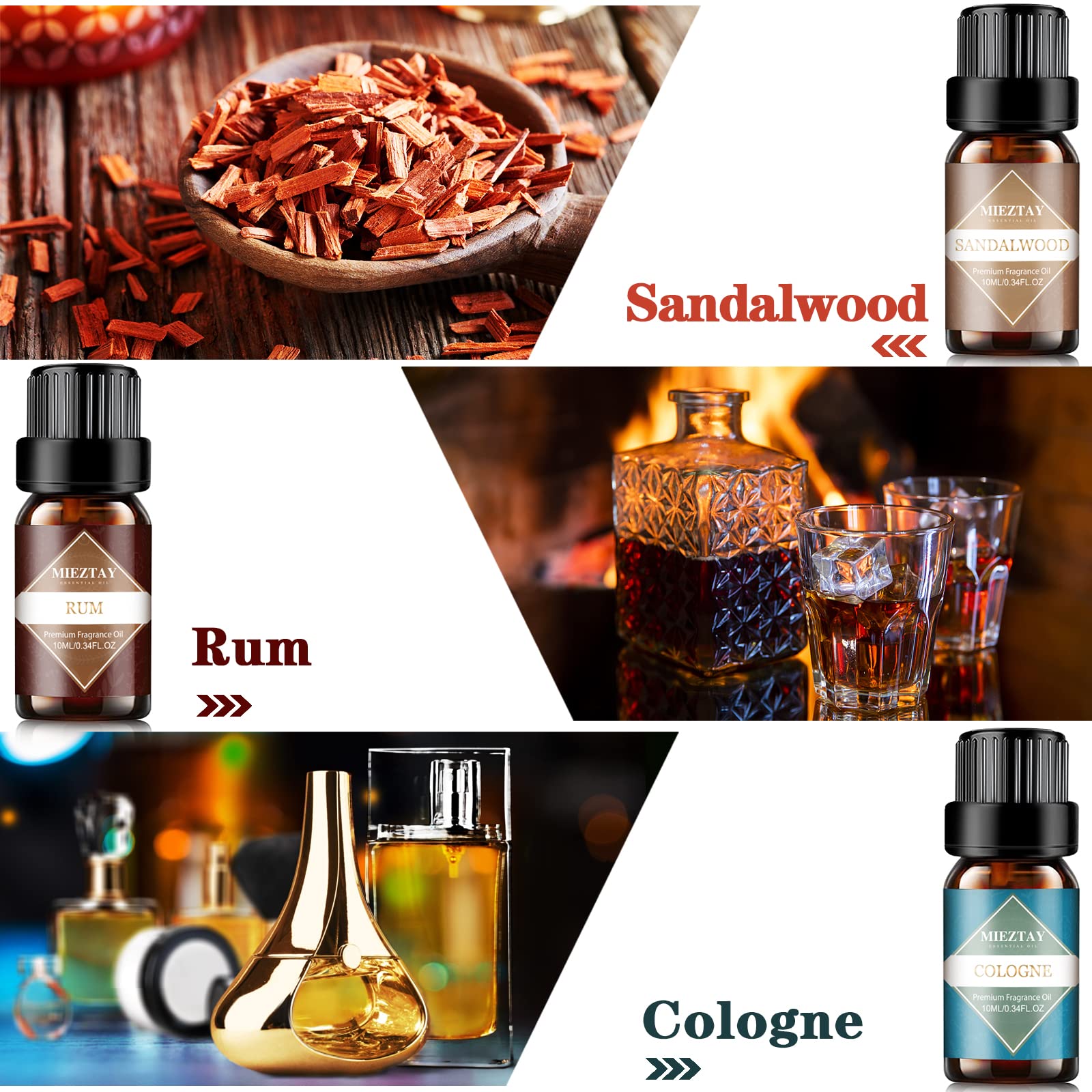 Mens Essential Oils Set - TOP 6 Gentlemen's Fragrance Oil for Diffuser, Candle & Soap Making - Sandalwood, Cologne, Black Cedar, Leather, Sweet Tobacco, Bay Rum Essential Oil Kit for Men (10mL)