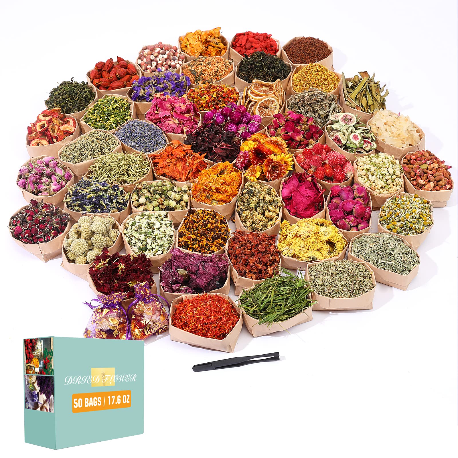 SACATR Dried Flowers, 50 Bags 100% Natural Dried Herbs Kit for Soap Making, Candle, Resin Jewelry Making, Bath, Nail - Include Rose Petals, Rosebuds, Lilium, Jasmine, Don't Forget Me and More