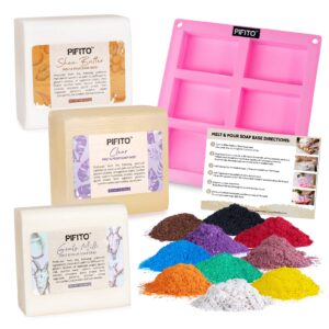 pifito soap making kit │ diy soap making supplies - 3 lbs melt and pour soap base (goats milk, shea butter, clear), 10-pack mica original colorants sampler, mold and instructions