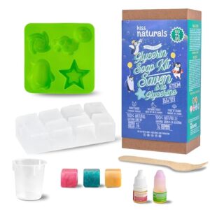 kiss naturals - soap making arts & crafts kit for kids with organic ingredients - glycerin soap diy stem activity - make 16 soaps - with reusable silicone molds, natural fragrances, mica-based colors