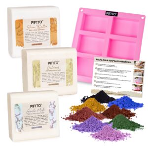 pifito soap making kit │ diy soap making supplies - 3 lbs melt and pour soap base (shea butter, goats milk, oatmeal), 8-pack oxide pigment colorants sampler, mold and instructions