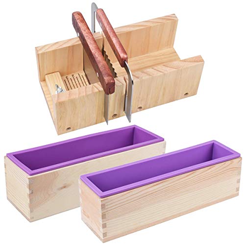 Loaf Soap Making Cutting Kit,Silicone Soap Making Liner Adjustable Wood Box with Stainless Steel Wavy+Straight Cutter for DIY Soap Making