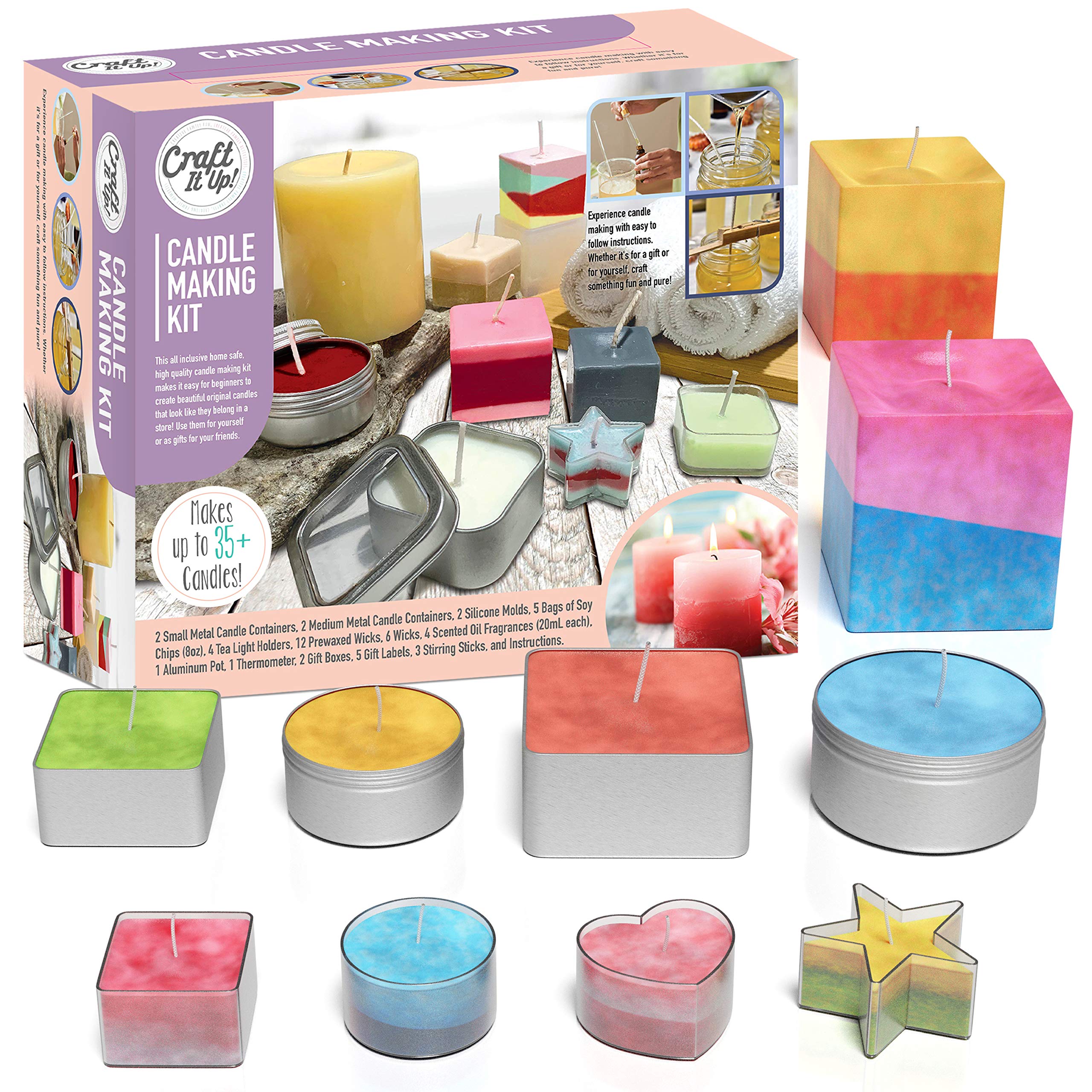 Craft It Up Candle Making Kit for Kids - Teen Girl Craft Set - Soy Wax 8 oz, 12 Wicks, 4 Scents, Jars, Molds - Starter Candle Making Kit for Adults Teens Beginners - DIY Candle Making Supplies