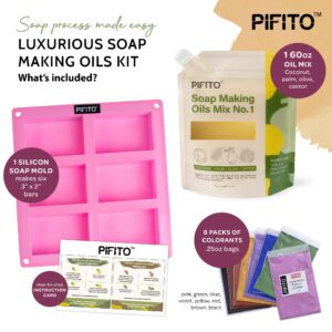 Pifito Cold Process Soap Making Kit │ Oils Mix No. 1 60 Oz Blend of Pre-Measured Oils, 8-Pack Colorants Sampler, Mold and Instructions. DIY Soap Making Supplies