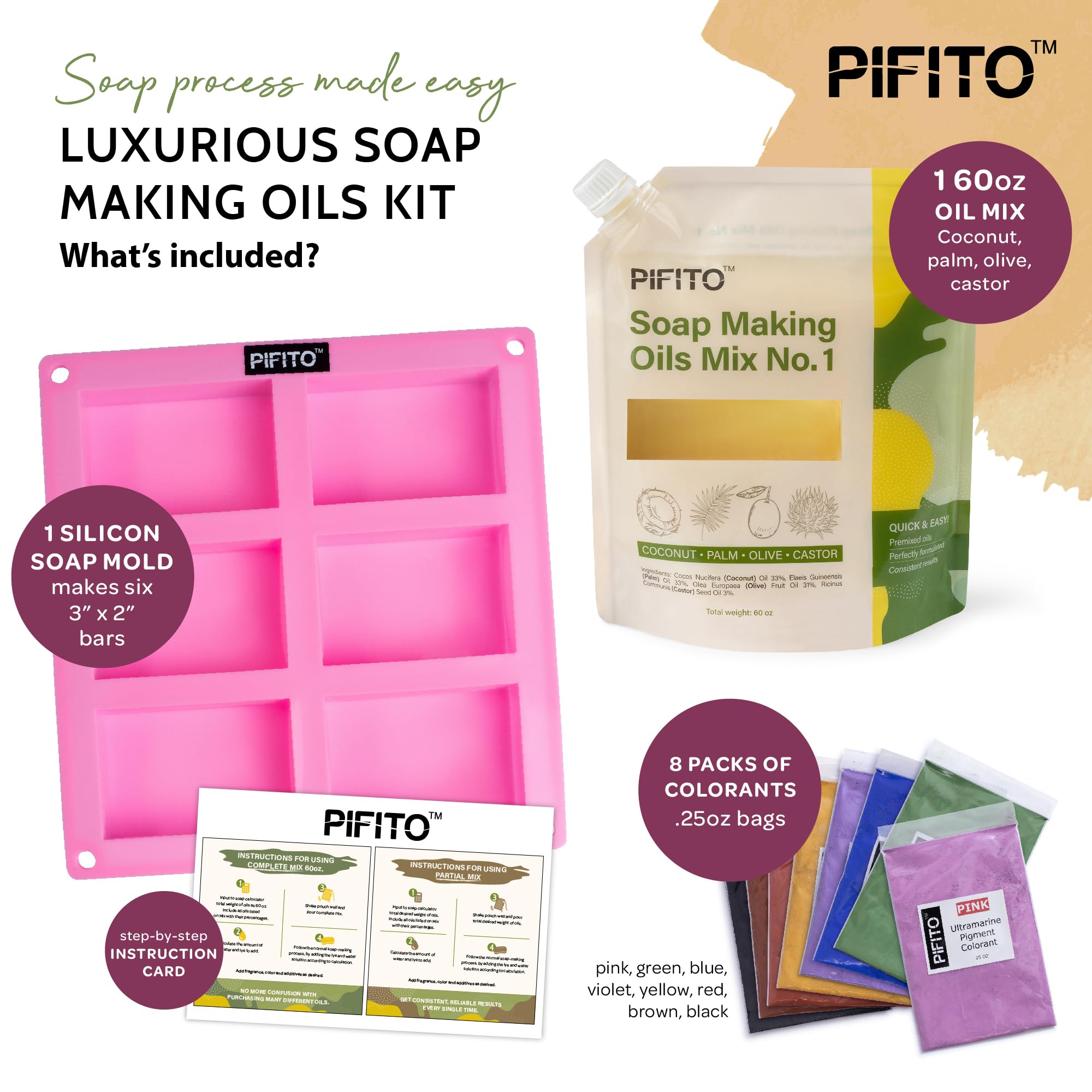 Pifito Cold Process Soap Making Kit │ Oils Mix No. 1 60 Oz Blend of Pre-Measured Oils, 8-Pack Colorants Sampler, Mold and Instructions. DIY Soap Making Supplies