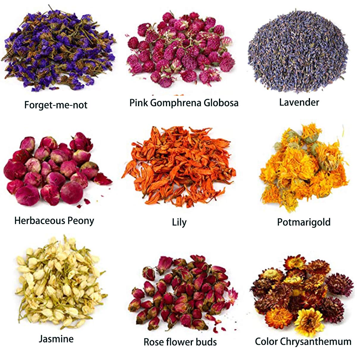 PNANA Dried Flowers- Edible Herbs Bulk of Lavender Buds, Rosebud, Jasmine, Chamomile, for Bath Bomb, Candle, Soap Making Kit