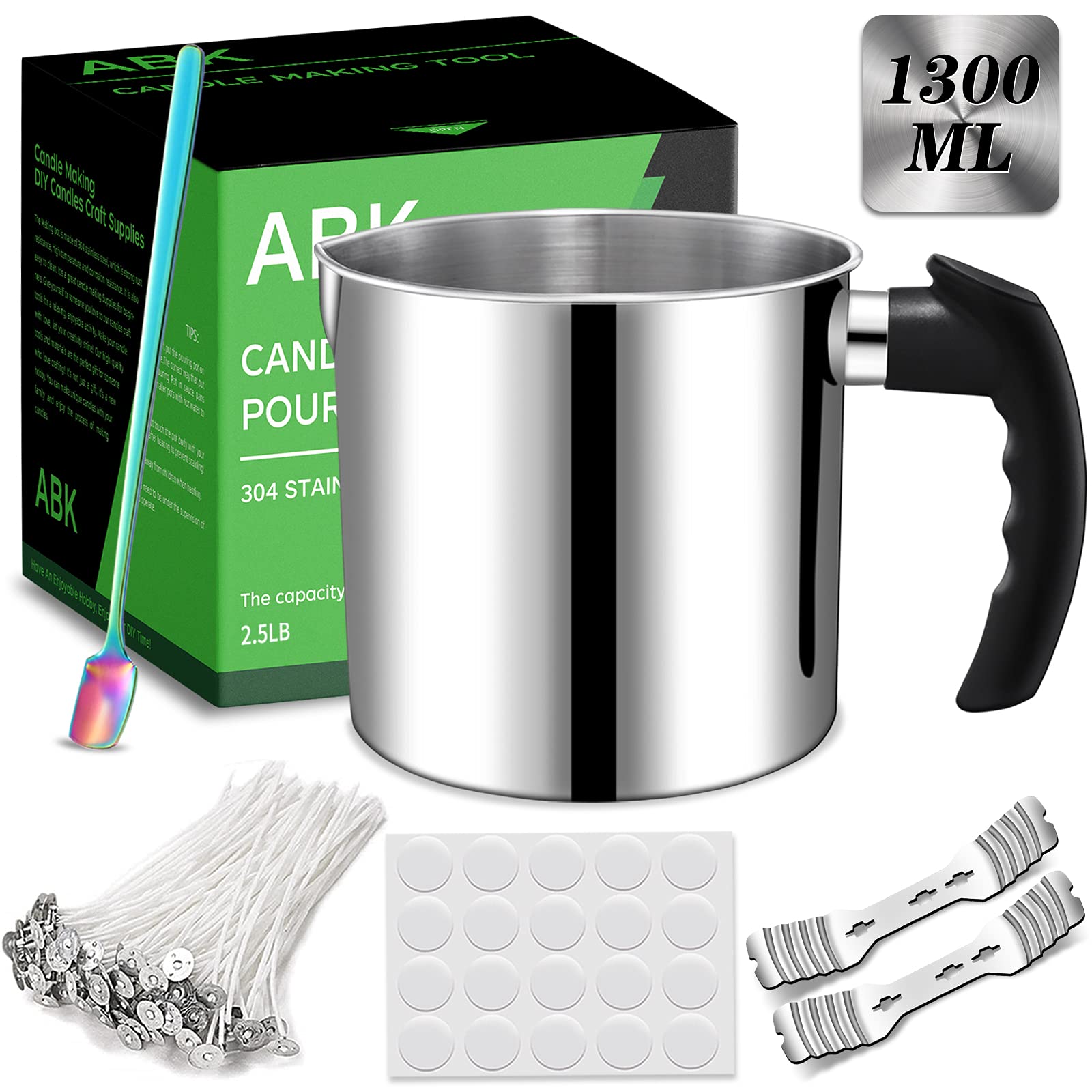 ABK Candle Making Pouring Pot, Candle Making Kit Including 2.5LB Candle Making Pitcher, Candle Wick Holders, Spoon, Wicks, Candle Wick Stickers, Candle Making Set for Beginners