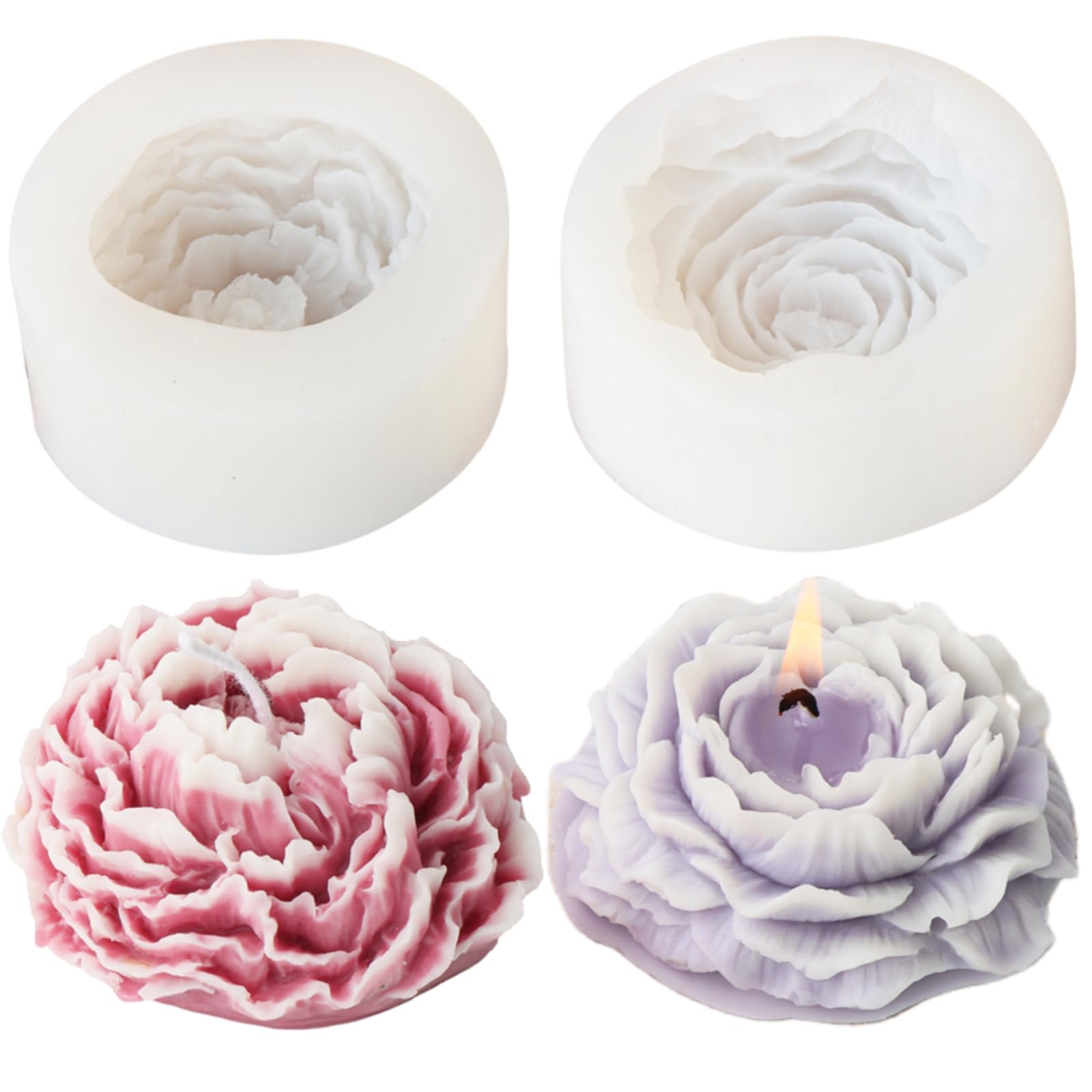 2pcs Different Sizes of Peony Flower Silicone Soap Molds 3D Large Peony Silicone Candle Mold DIY Handmade Creative Flower Aromatherapy Plaster Resin Soap Making Supplies Kit Home Decoration Handmade