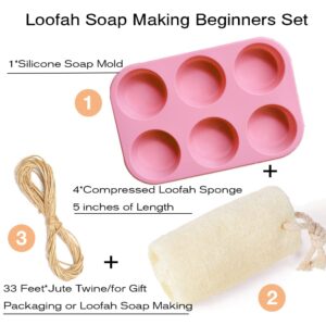 Exfoliating Loofah and Soap Mold Kit-Natural Loofah Sponges 4 Packs with Round Silicone Soap Mold Making Tray 6 Cavities for Body Back Skin Care Cleansing 5 inches Luffa with Jute Twine