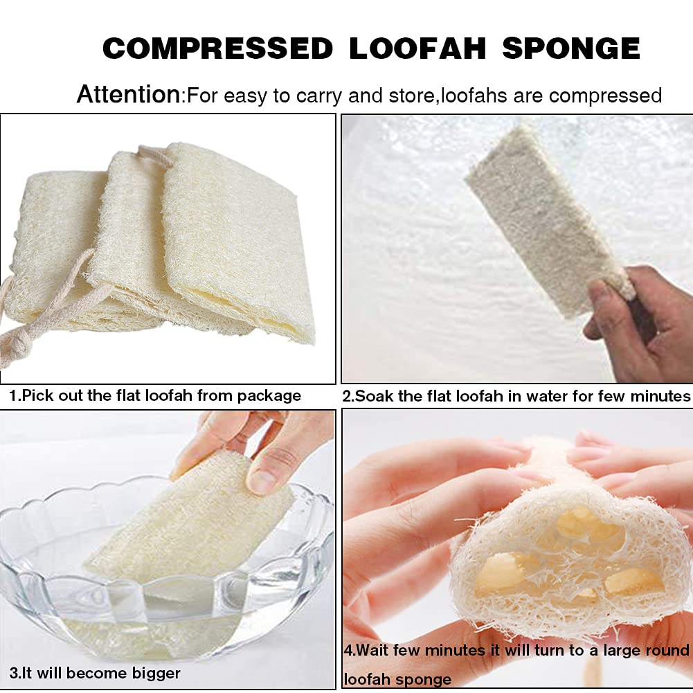 Exfoliating Loofah and Soap Mold Kit-Natural Loofah Sponges 4 Packs with Round Silicone Soap Mold Making Tray 6 Cavities for Body Back Skin Care Cleansing 5 inches Luffa with Jute Twine