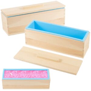 3 packs 42oz silicone soap moulds, rectangular soap mould kit with wooden box and covers, flexible diy mould kit supplies for soap making, blue