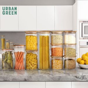 Urban Green Glass Jars with Airtight Lids, Airtight Glass Canisters with Wood Lids, Glass Food Storage Containers with Lids, Glass Food Jars for Spice and Herbs (9 Pack of 16oz)