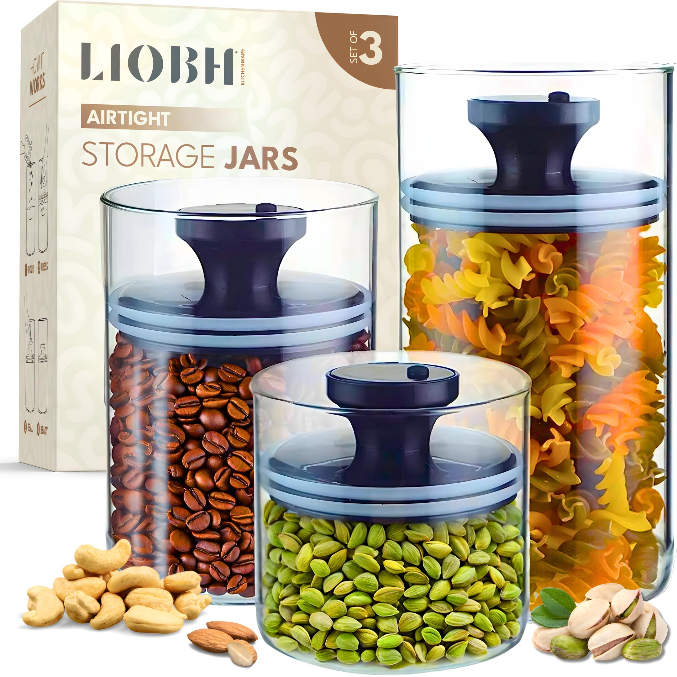 SET OF 3 Glass Storage Jars with Airtight Lids - Kitchen Storage Containers - Preserve Food Freshness by Expelling Excess Air - Pantry Borosilicate Glass Canisters - Coffee Beans - Nuts .. 33,23,14 OZ