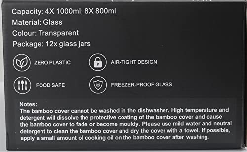 LIBWYS Square Pantry Glass Storage Jars with Bamboo Lids Set of 12, 297oz Airtight Food Containers Kitchen Storage Jars - Dishwasher Safe (12pack)