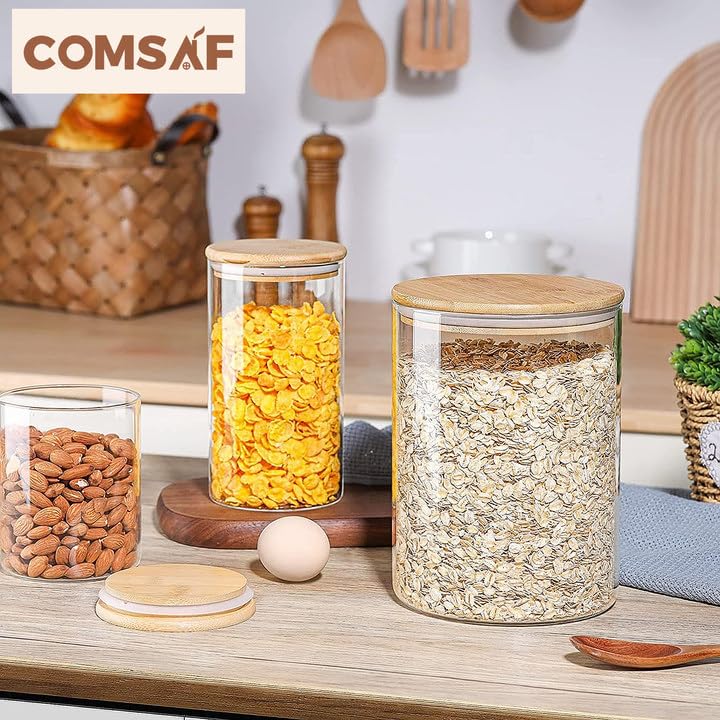 ComSaf Glass Jar with Airtight Lid (102 oz/3 liter), Large Glass Food Storage Container with Bamboo Lid, Clear Glass Food Canister for Kithen Storage, Wide Mouth Easy Access