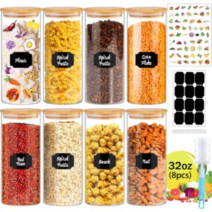 bgraceyy glass jars with bamboo lids for kitchen, 32 oz 8 pcs airtight pantry storage containers for rice, candy, sugar, flour, nuts, cookie, coffee bean