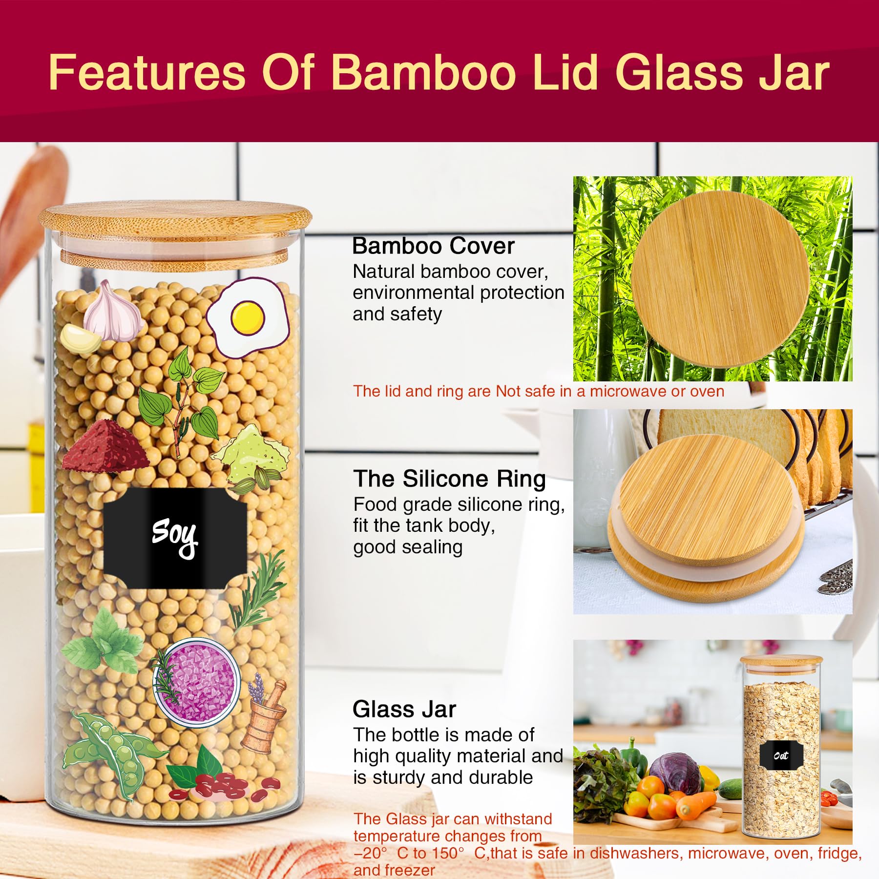 BGraceyy Glass Jars with Bamboo Lids for Kitchen, 32 oz 8 Pcs Airtight Pantry Storage Containers for Rice, Candy, Sugar, Flour, Nuts, Cookie, Coffee Bean